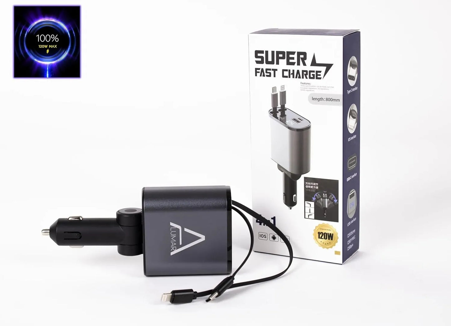 4 Fast Charging Ports with 80cm Retractable Cables || 4 منافذ شحن سريع مع كابلات قابلة للسحب بطول 80 سم - AllGoodzMart